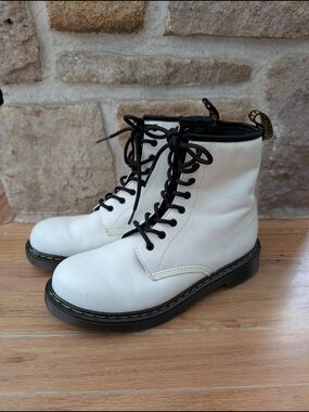 Dr. Martens White Leather Lace-Up Combat Boots with Black Trim
